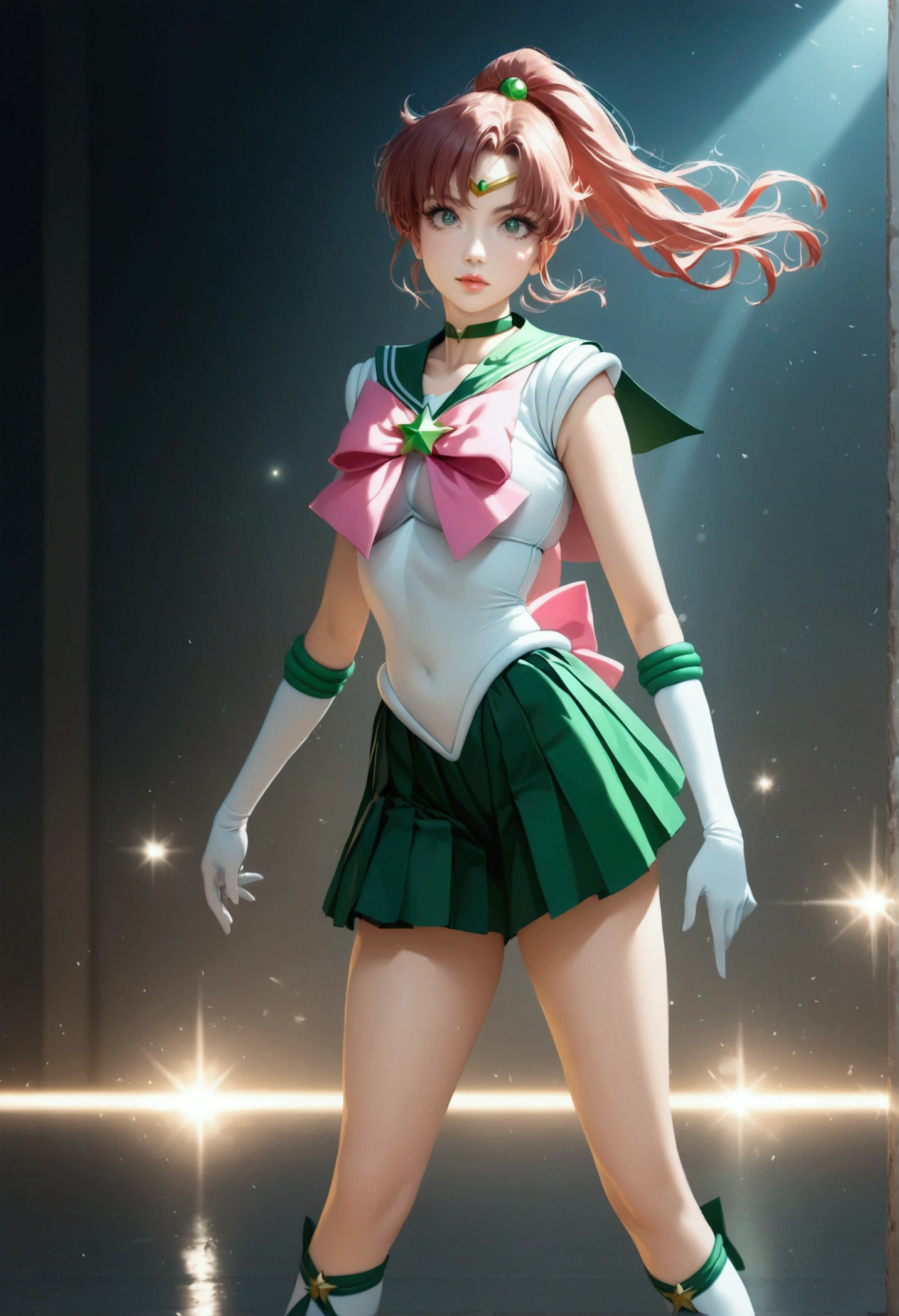 1girl, sailor jupiter, bishoujo senshi sailor moon, elegant detailed eyes, detailed facial features, long eyelashes, beautiful detailed lips, elegant detailed pose, highly detailed, masterpiece, 4k, hyper realistic, photorealistic, cinematic lighting, dynamic composition, intricate details, vibrant colors, soft dreamy atmosphere, magical girl fantasy, full body shot, SailorJupiter, magical girl,  sailor senshi uniform, leotard, miniskirt, green skirt