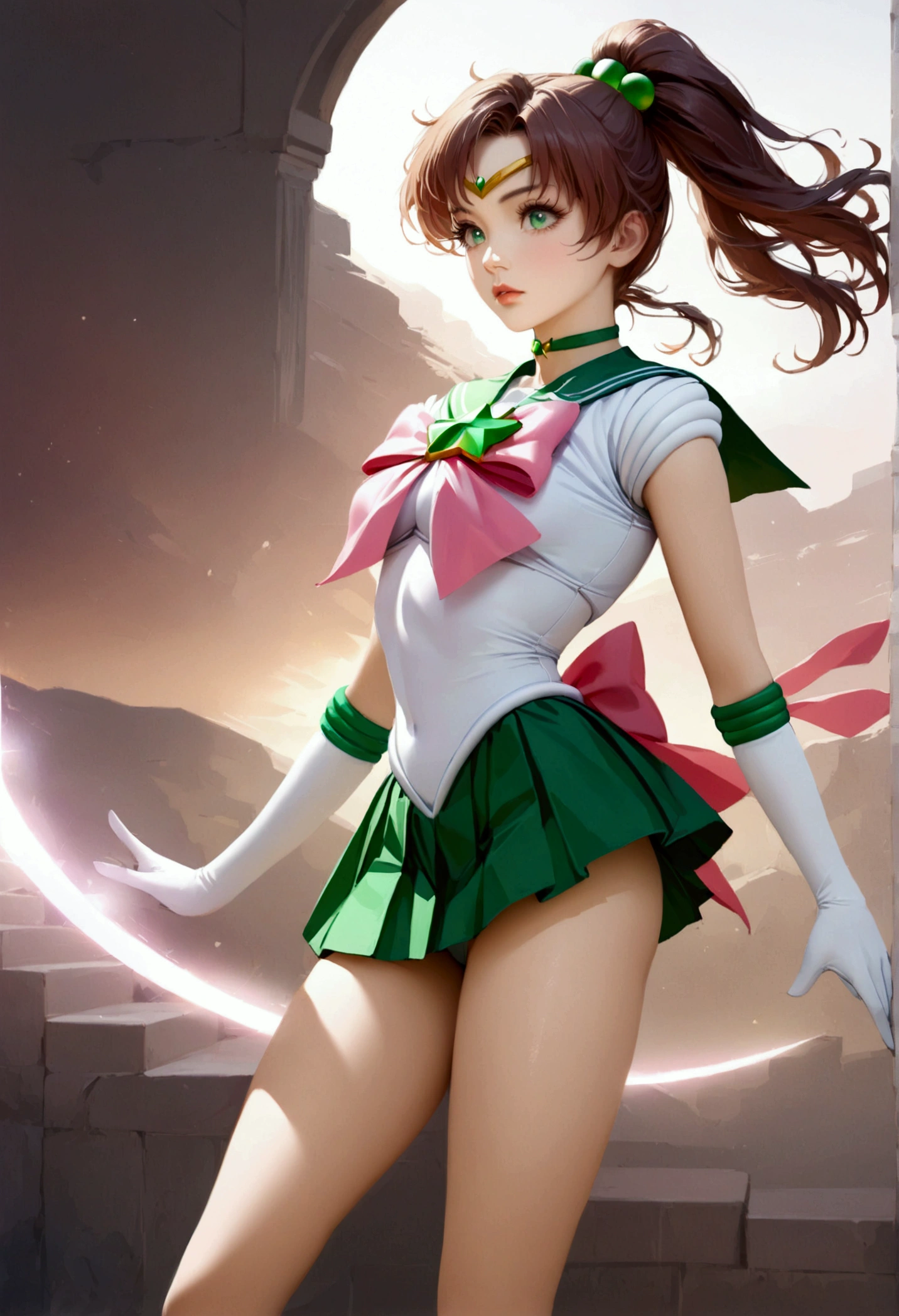 1girl, sailor jupiter, bishoujo senshi sailor moon, elegant detailed eyes, detailed facial features, long eyelashes, beautiful detailed lips, elegant detailed pose, highly detailed, masterpiece, 4k, hyper realistic, photorealistic, cinematic lighting, dynamic composition, intricate details, vibrant colors, soft dreamy atmosphere, magical girl fantasy, full body shot, SailorJupiter, magical girl,  sailor senshi uniform, leotard, miniskirt, green skirt