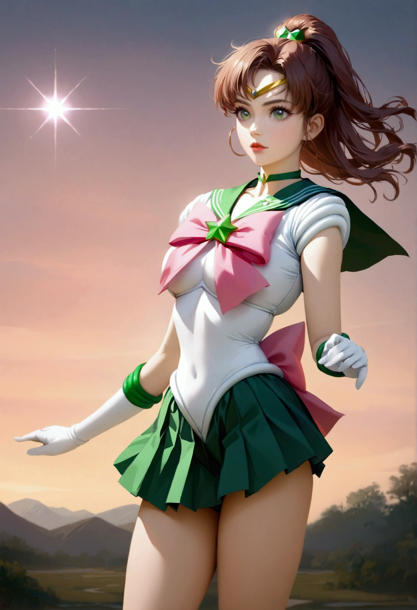 1girl, sailor jupiter, bishoujo senshi sailor moon, elegant detailed eyes, detailed facial features, long eyelashes, beautiful detailed lips, elegant detailed pose, highly detailed, masterpiece, 4k, hyper realistic, photorealistic, cinematic lighting, dynamic composition, intricate details, vibrant colors, soft dreamy atmosphere, magical girl fantasy, full body shot, SailorJupiter, magical girl,  sailor senshi uniform, leotard, miniskirt, green skirt