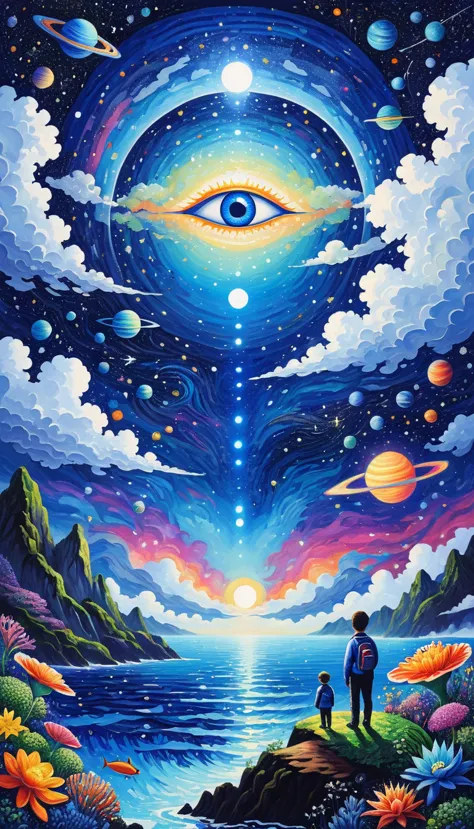 Psychedelic Art。plant、Marine Life、(((Charming eyes，The Third Eye)))、cloud、Starry Sky，Galaxy、Planet、Stitching together an abstrac...