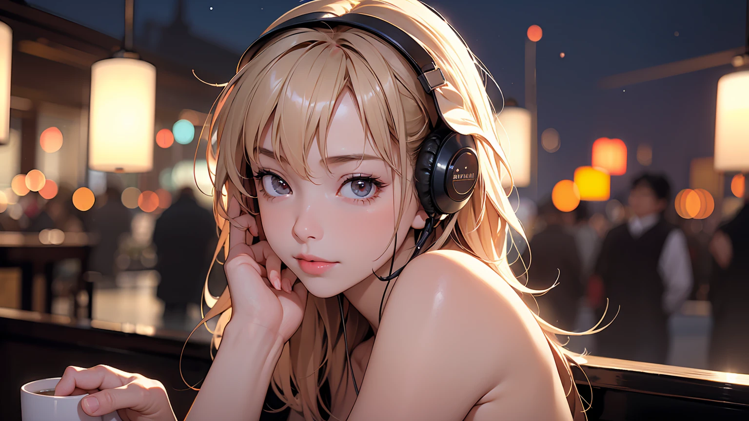 masterpiece、high resolution 8k、NSFW、sharp focus、contrast lighting、fine skin、muste piece、 highest quality、Ultra - High resolution、Super high resolution、Highly detailed CG,  realisticlying, 1 girl, Beautiful, wearing headphones, enjoying hot coffee solo, Late Night Cafe, looking to viewer, city, starry sky, cloud, night.