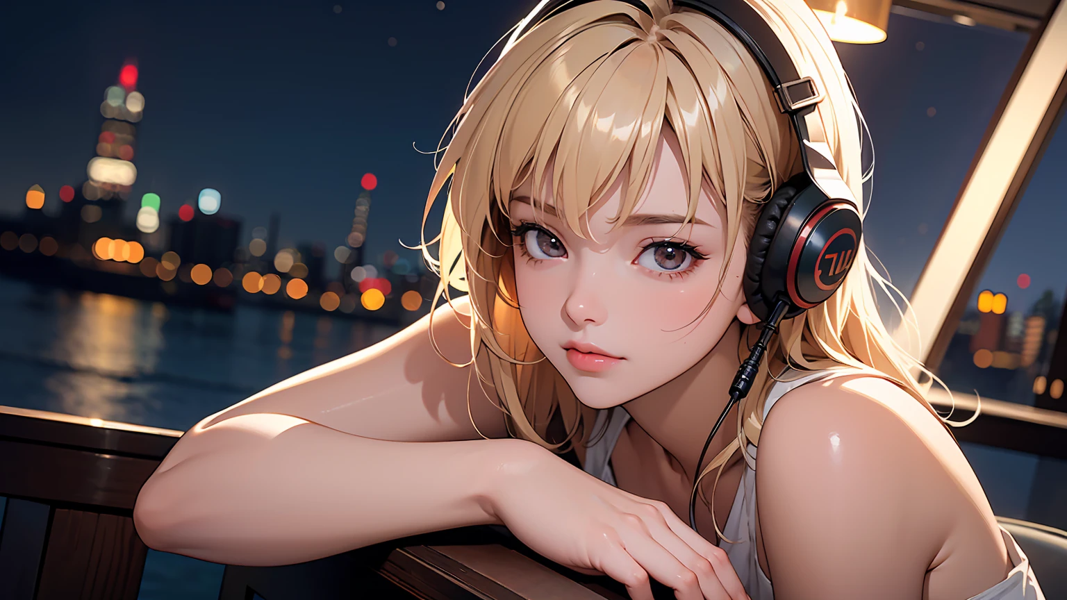 masterpiece、high resolution 8k、NSFW、sharp focus、contrast lighting、fine skin、muste piece、 highest quality、Ultra - High resolution、Super high resolution、Highly detailed CG,  realisticlying, 1 girl, Beautiful, wearing headphones, enjoying hot coffee solo, Late Night Cafe, looking to viewer, city, starry sky, cloud, night.