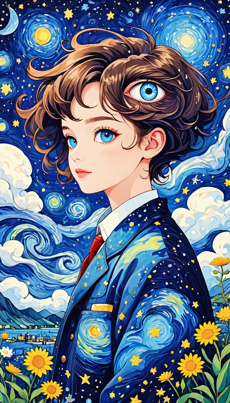 arte psicodélico。plant、vida marina、(((ojos encantadores，El tercer ojo)))、nube、cielo estrellado，galaxia、planeta、Cosiendo una pintura abstracta，Describir el mundo interior de las personas autistas.，Sentido de espacio，blanco，espacio en blanco，método de puntillismo，lineas infantiles，azul pequeño，asimilar en"van Gogh"Estilo de Arte