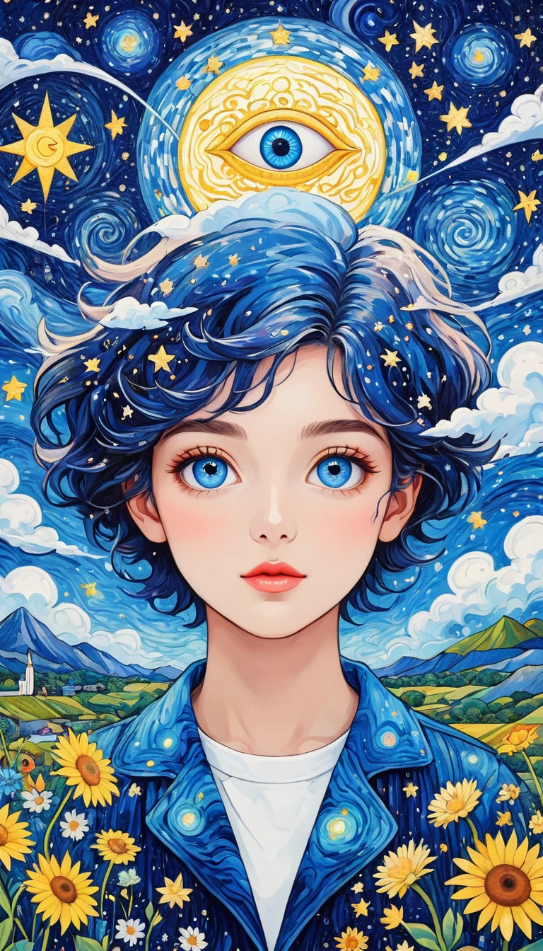 arte psicodélico。plant、vida marina、(((ojos encantadores，El tercer ojo)))、nube、cielo estrellado，galaxia、planeta、Cosiendo una pintura abstracta，Describir el mundo interior de las personas autistas.，Sentido de espacio，blanco，espacio en blanco，método de puntillismo，lineas infantiles，azul pequeño，asimilar en"van Gogh"Estilo de Arte