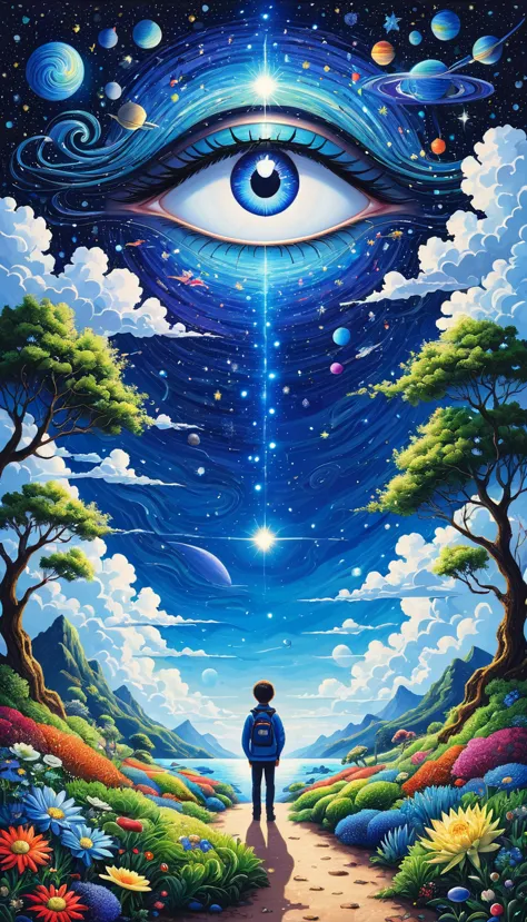 Psychedelic Art。plant、Marine Life、(((Charming eyes，The Third Eye)))、cloud、Starry Sky，Galaxy、Planet、Stitching together an abstrac...