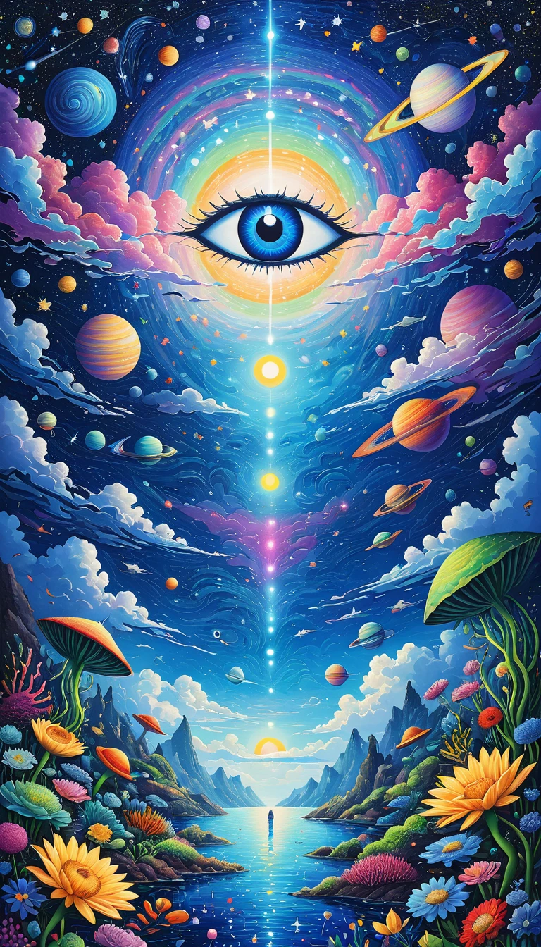 Psychedelic Art。plant、Marine Life、(((Charming eyes，The Third Eye)))、cloud、Starry Sky，Galaxy、Planet、Stitching together an abstract painting，Describing the inner world of autistic people，Sense of space，Blank，White space，Pointillism method，Childish lines，Klein Blue，Incorporating Monet&#39;s artistic style