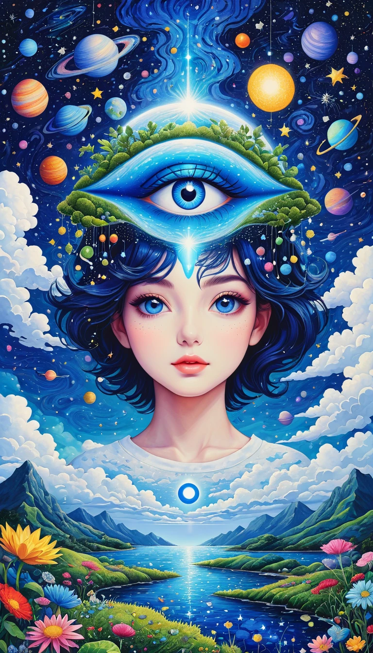 arte psicodélico。plant、vida marina、(((ojos encantadores，El tercer ojo)))、nube、cielo estrellado，galaxia、planeta、Cosiendo una pintura abstracta，Describir el mundo interior de las personas autistas.，Sentido de espacio，blanco，espacio en blanco，método de puntillismo，lineas infantiles，azul pequeño，Incorporando a Monet&#39;Estilo artístico