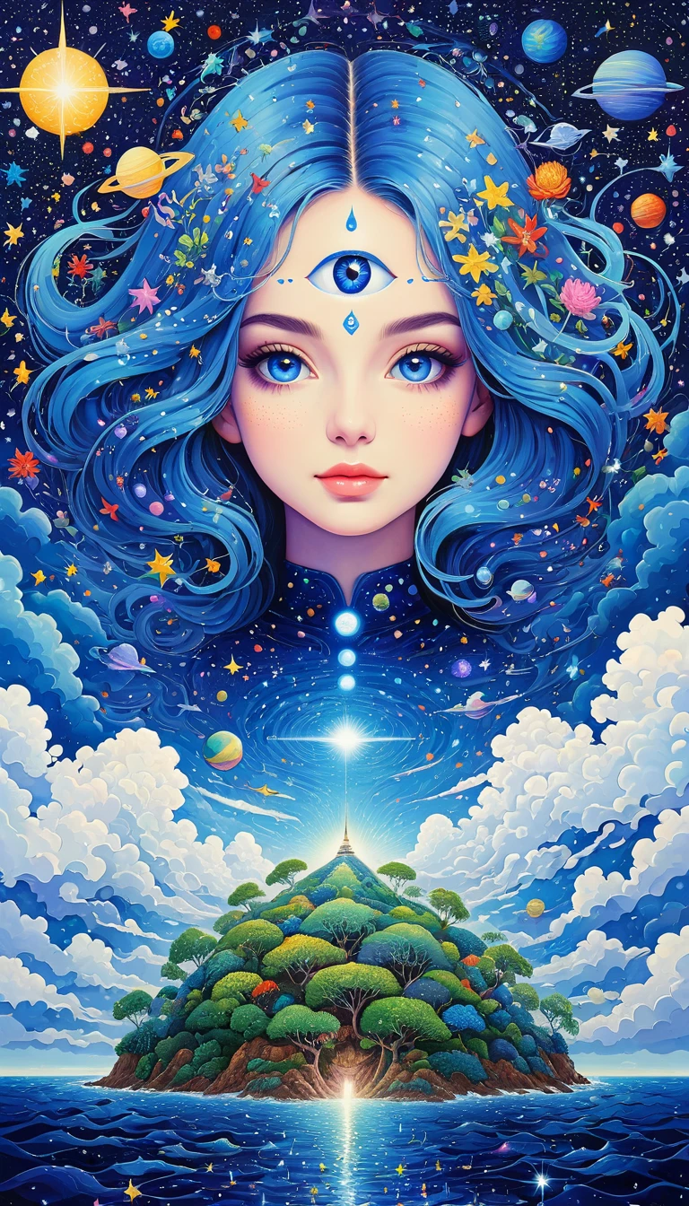 arte psicodélico。plant、vida marina、(((ojos encantadores，El tercer ojo)))、nube、cielo estrellado，galaxia、planeta、Cosiendo una pintura abstracta，Describir el mundo interior de las personas autistas.，Sentido de espacio，blanco，espacio en blanco，método de puntillismo，lineas infantiles，azul pequeño，Incorporando a Monet&#39;Estilo artístico