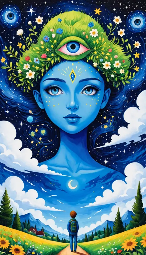 psychedelic art。plant、marine life、(((charming eyes，the third eye)))、cloud、starry sky，plant上的眼睛、galaxy、planet、stitching together ...