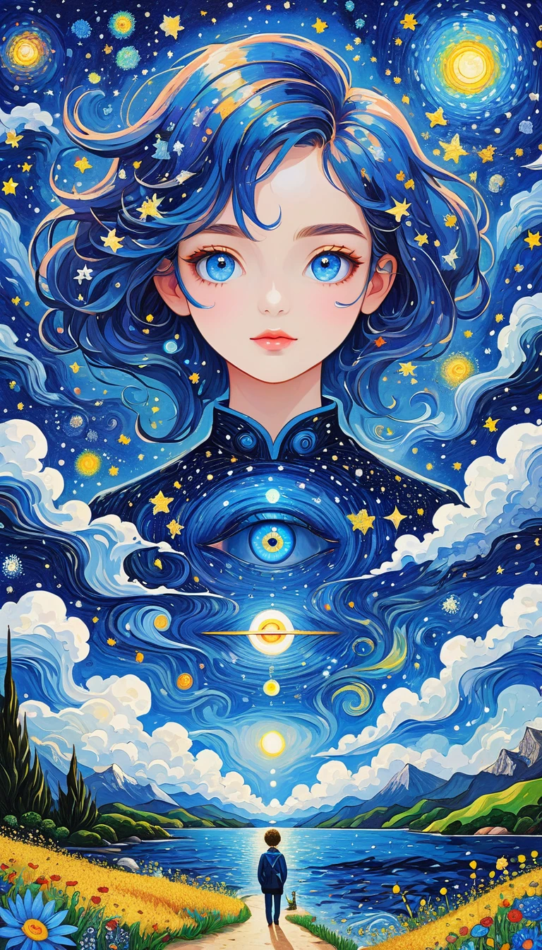 Imagen en imagen：arte psicodélico。plant、vida marina、(((ojos encantadores，El tercer ojo)))、nube、cielo estrellado，galaxia、planeta、Cosiendo una pintura abstracta，Describir el mundo interior de las personas autistas.，Sentido de espacio，blanco，espacio en blanco，método de puntillismo，lineas infantiles，azul pequeño，asimilar en"van Gogh"Estilo de Arte