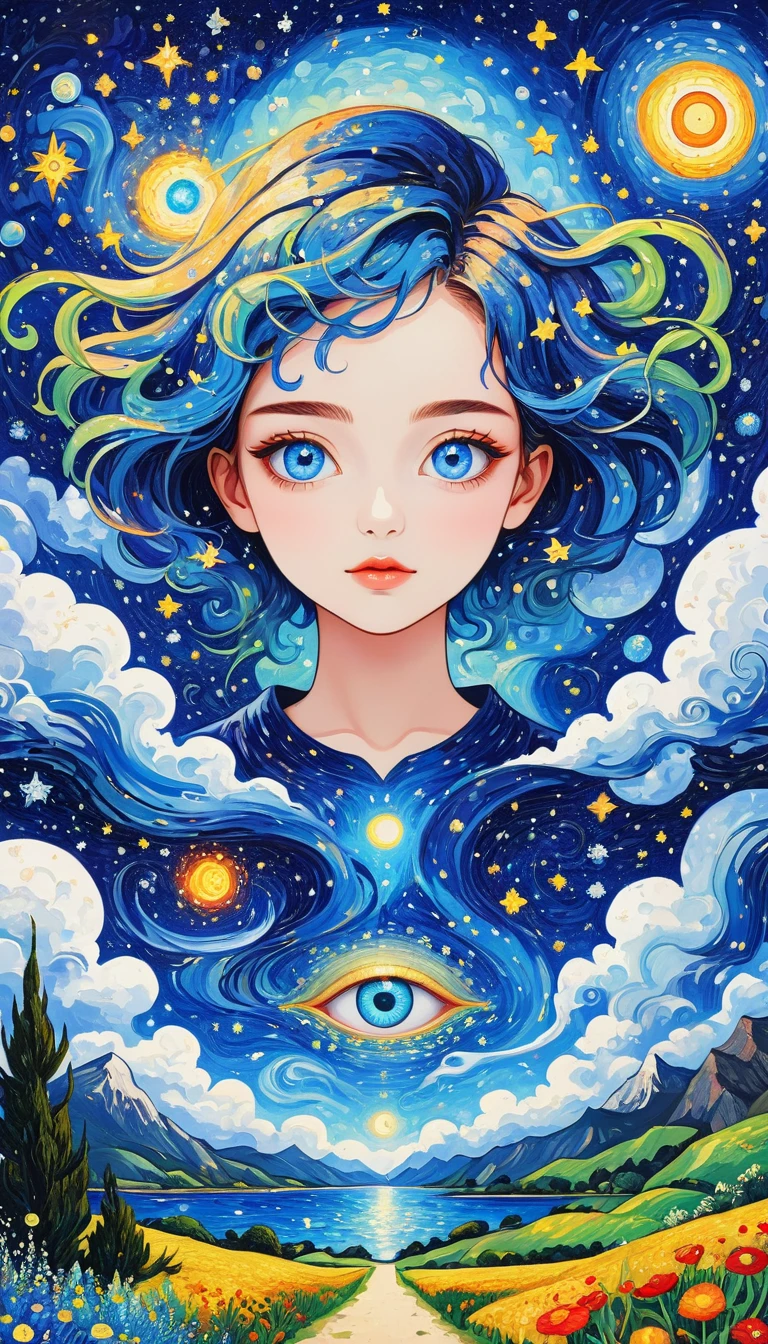 Picture in the picture：Psychedelic Art。plant、Marine Life、(((Charming eyes，The Third Eye)))、cloud、Starry Sky，Galaxy、Planet、Stitching together an abstract painting，Describing the inner world of autistic people，Sense of space，Blank，White space，Pointillism method，Childish lines，Klein Blue，assimilate into"van gogh"Art style