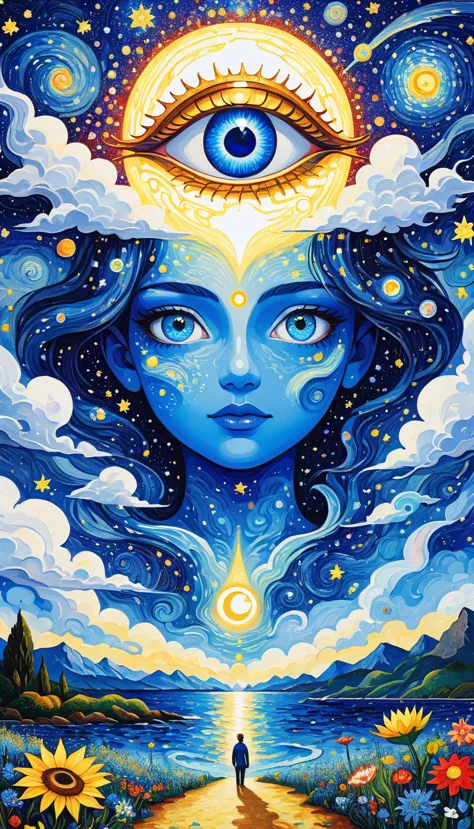 picture in the picture：psychedelic art。plant、marine life、(((charming eyes，the third eye)))、cloud、starry sky，galaxy、planet、stitch...