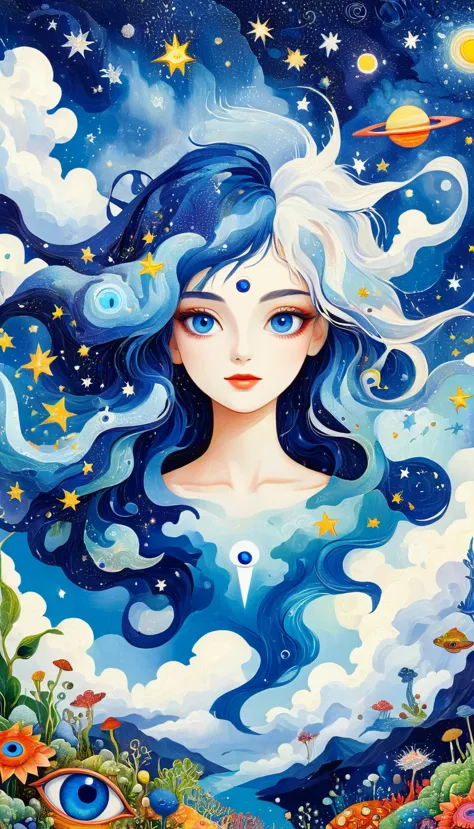 picasso art style：psychedelic art。plant、marine life、(((charming eyes，the third eye)))、cloud、starry sky，galaxy、planet、stitching t...