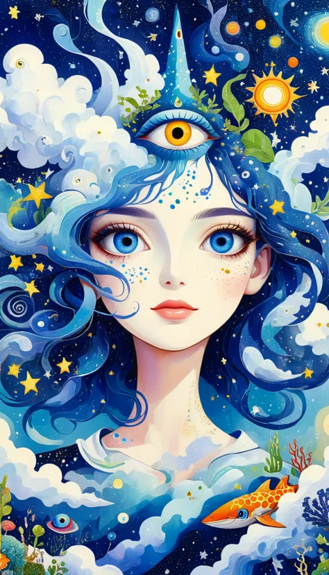 picasso art style：psychedelic art。plant、marine life、(((charming eyes，the third eye)))、cloud、starry sky，galaxy、planet、stitching t...