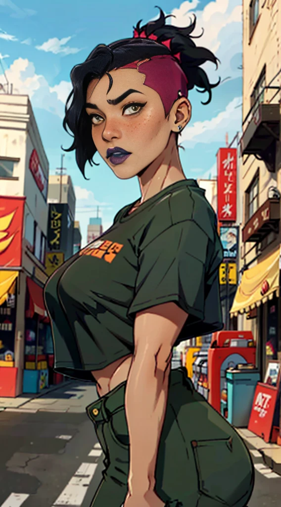 Close up of an supermodel woman face, at a busy cluttered city street background, daytime, pale yellow eyes, detailed punk rock mohawk hair with shaved sides haircut, freckles, blushing, pouting expression, single eyebrow raised, eye shadow, black lipstick, pierced eyebrow, huge tits, wearing a loose baggy tshirt crop top, looking to the side, dark skinned looks like an escaped inmate