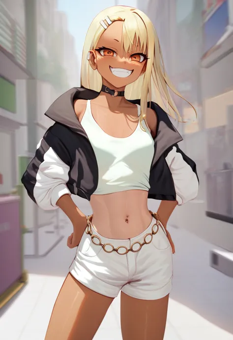 score_9, score_8_up, score_7_up, 1girl, standing, nagatoro hayase, solo , anime, blonde hair, hair clip, grin smile, tan, dark-s...