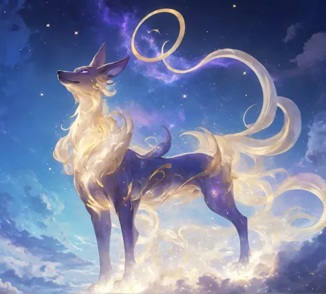 a celestial pokémon design with an elegant dog-like body, long tail and ears, glowing golden eyes, and the silhouette of another...