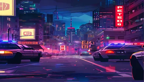 night scene of city streets，there are police cars and neon lights, cyberpunk city streets background, cyberpunk night street, cy...