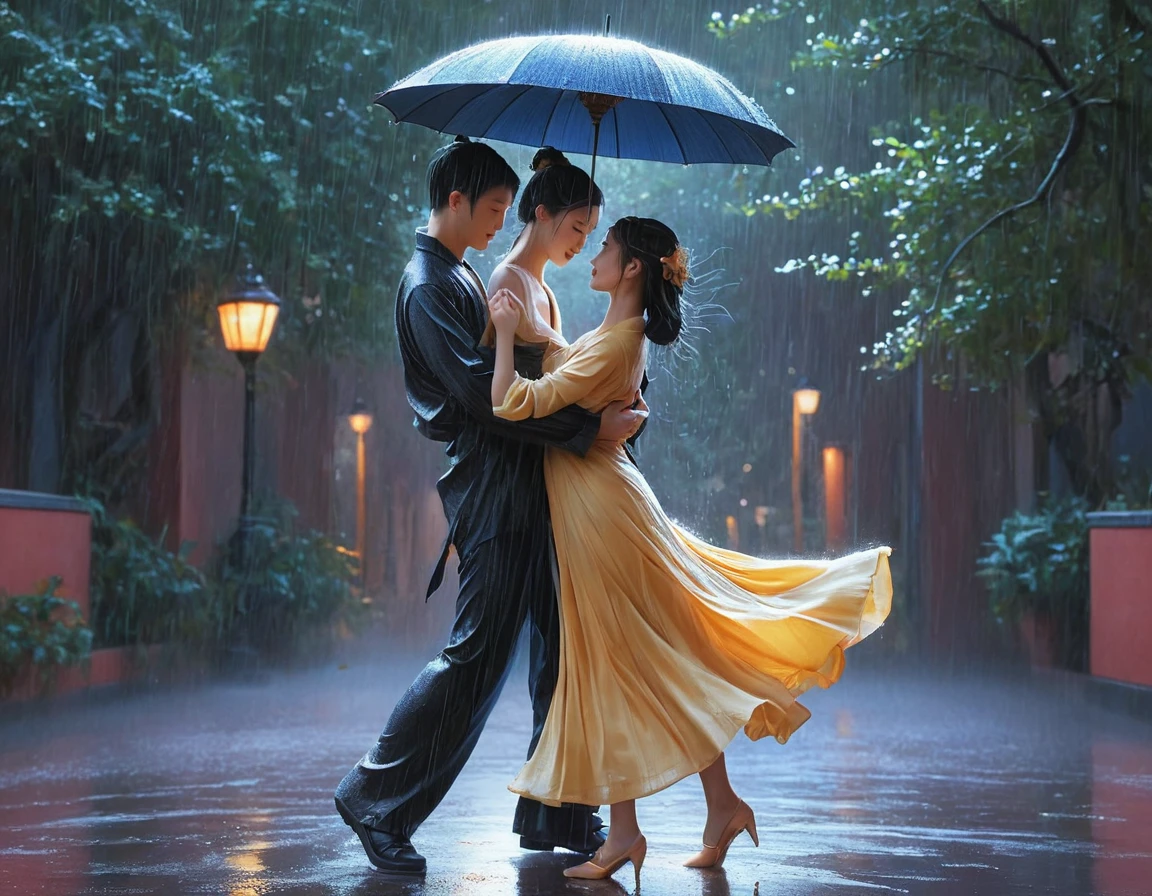 there is a painting of a คู่เต้นรํา in the rain, ภาพประกอบงานศิลปะที่สวยงาม, แค่ล้อเล่น, ร็อบ เรย์ และเคนทาโร มิอุระ สไตล์, สไตล์ศิลปะที่น่าทึ่ง, ภาพวาดโรแมนติก, ตามสไตล์ของ atey ghailan, โดย หลี่ซ่ง, โดย Gao Fenghan, โดย จินหน่อง, โดย Yang J, คู่เต้นรํา, โดย โจว เฉิน