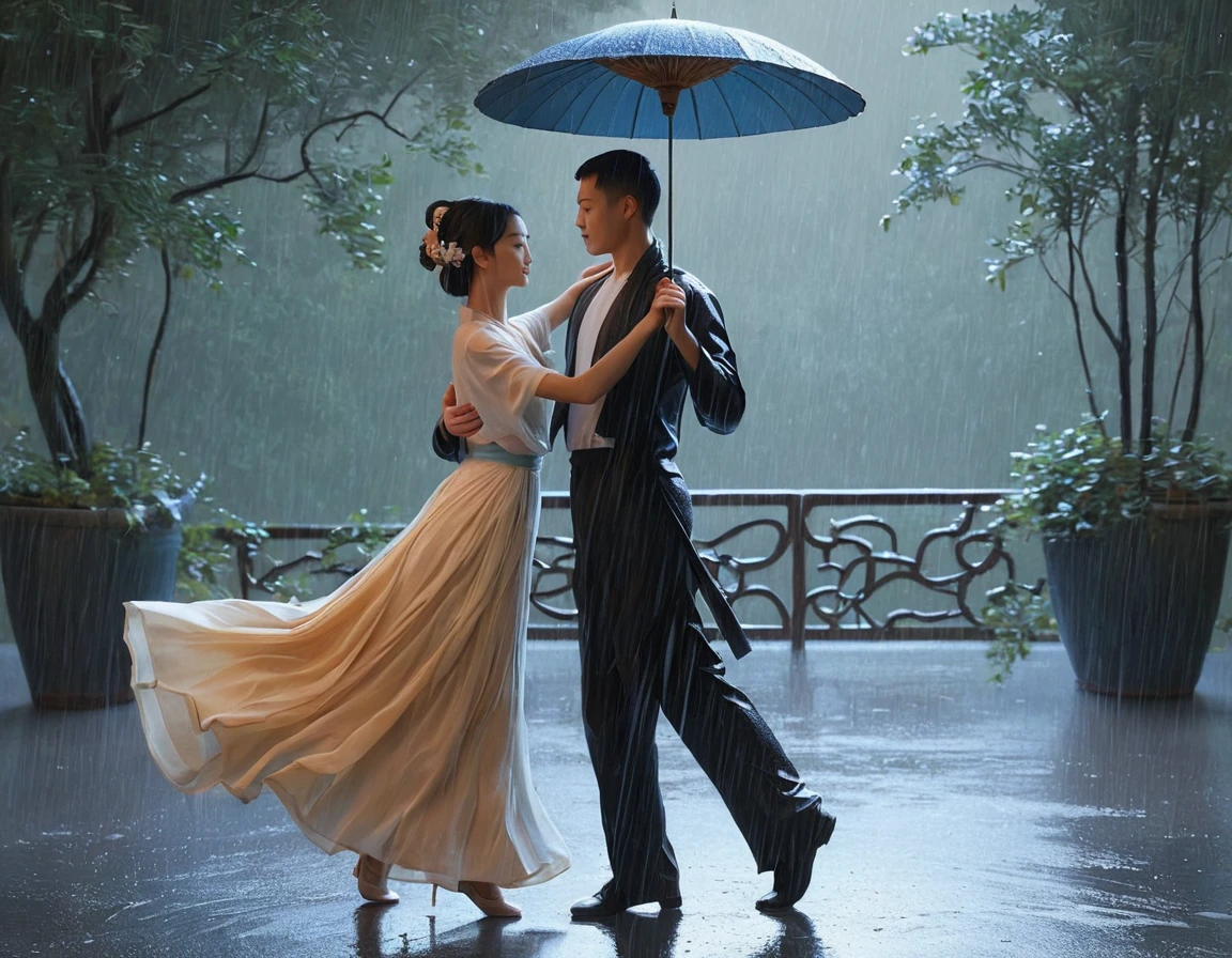 there is a painting of a danse en couple in the rain, une belle illustration d&#39;œuvre d&#39;art, juste une blague, Rob Rey et Kentarõ à la manière de Miura, style artistique époustouflant, peinture romantique, à la manière d&#39;Atey Ghailan, par Li Song, par Gao Fenghan, par Jin Nong, par Yang J., danse en couple, par Zhou Chen