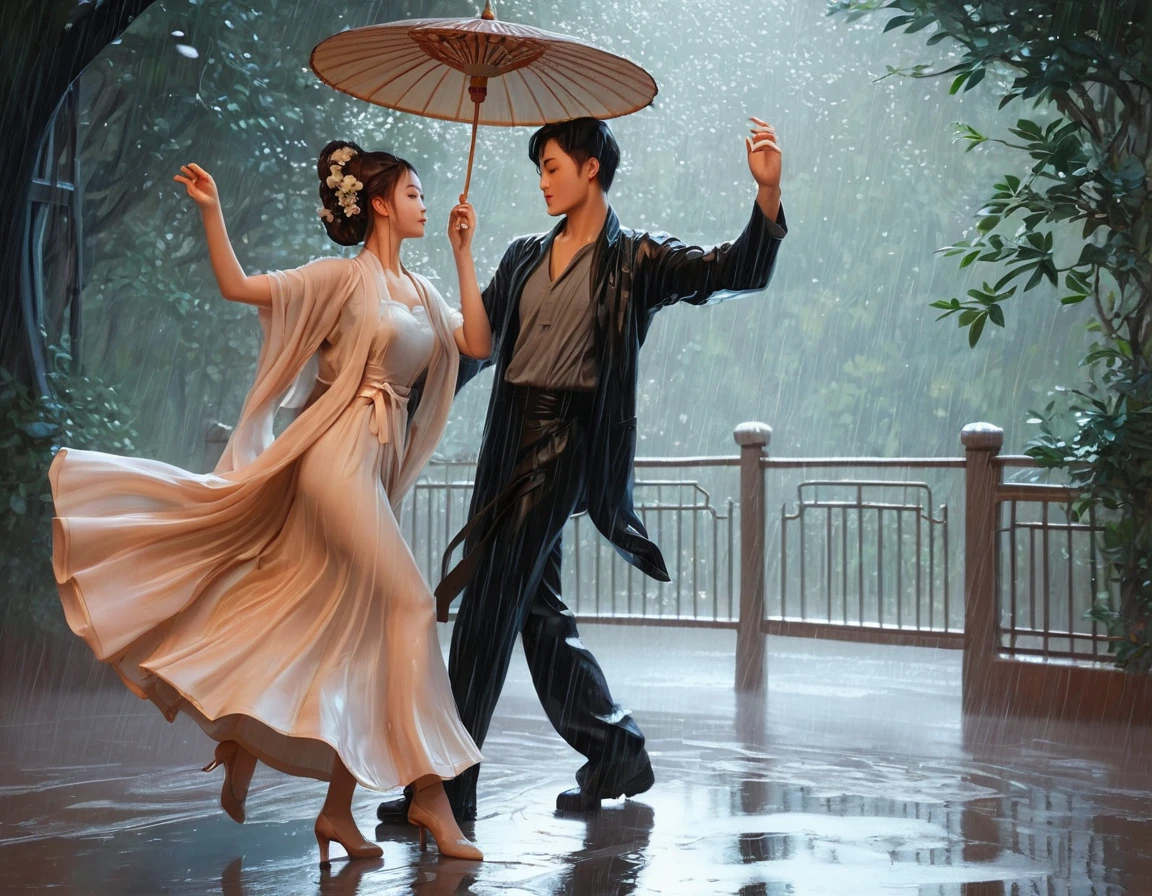 there is a painting of a danse en couple in the rain, art vectoriel par Li Song, Gagnant du concours Pixiv, Art Nouveau, une belle illustration d&#39;œuvre d&#39;art, juste une blague, Rob Rey et Kentarõ à la manière de Miura, style artistique époustouflant, peinture romantique, à la manière d&#39;Atey Ghailan, danse en couple, oeuvre d&#39;art dans le style de sheng lam, belle illustration