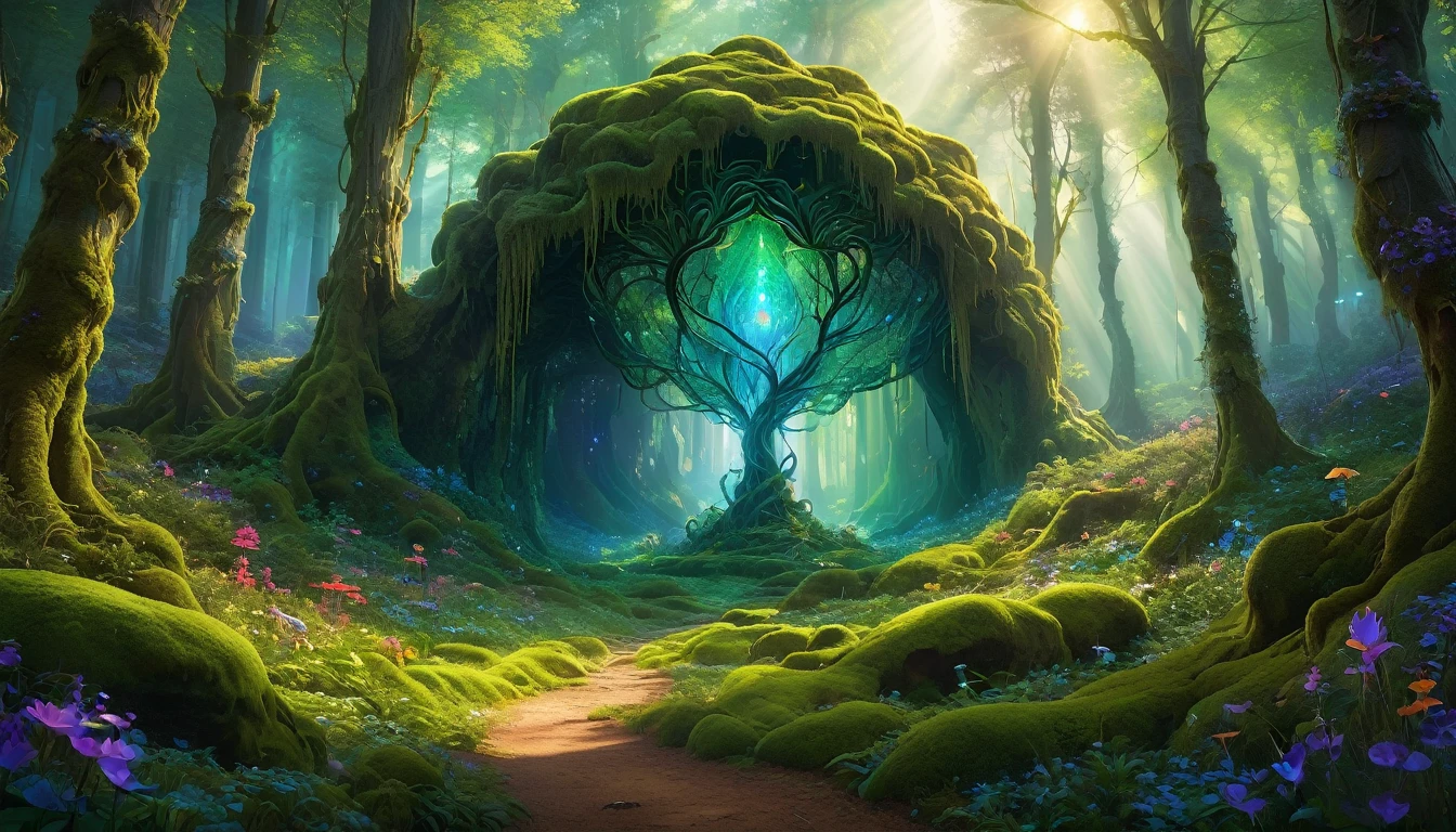 Imagine an enchanting landscape where the central focus is a colossal, radiant crystal, pulsating with a spectrum of vivid colors. It's situated in the heart of a mystical forest, where the trees are twisted into fantastical shapes, and the ground is covered with luminescent moss and otherworldly flora. This mesmerizing image is depicted in a rich and magical digital art style, as if created by the creative mind of Jasper Klimt.