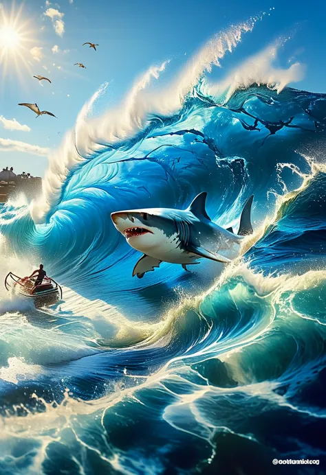 a shark surfing on a large wave in the deep blue ocean. in the background, there are seagulls flying in a clear blue sky, defyin...