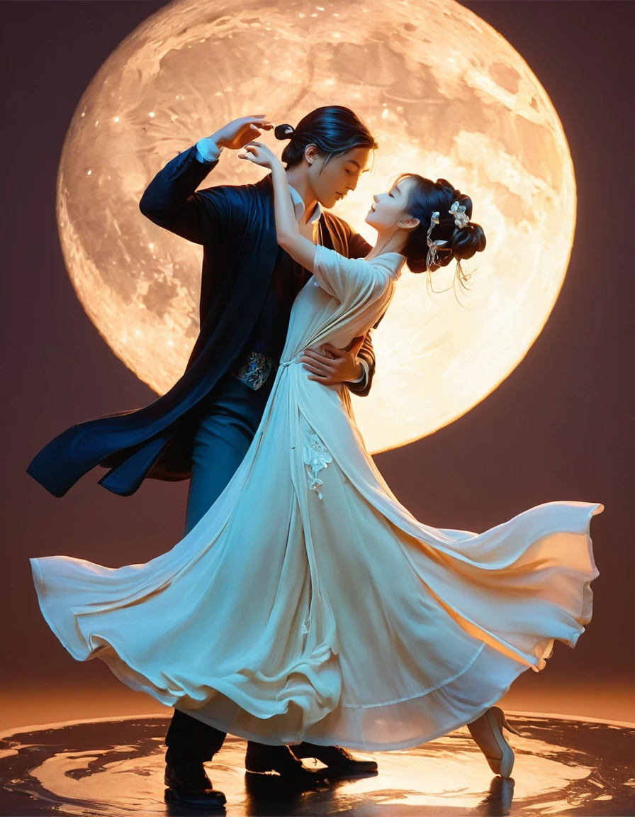 there is a painting of a Pareja de baile in the moonlight, Arte vectorial de Li Song, Ganador del concurso pixiv, Art Nouveau, Una hermosa ilustración artística., solo una broma, estilo rob rey y kentarõ miura, Impresionante estilo artístico, pintura romantica, al estilo de atey ghailan, Pareja de baile, obra de arte en estilo sheng lam, hermosa ilustración