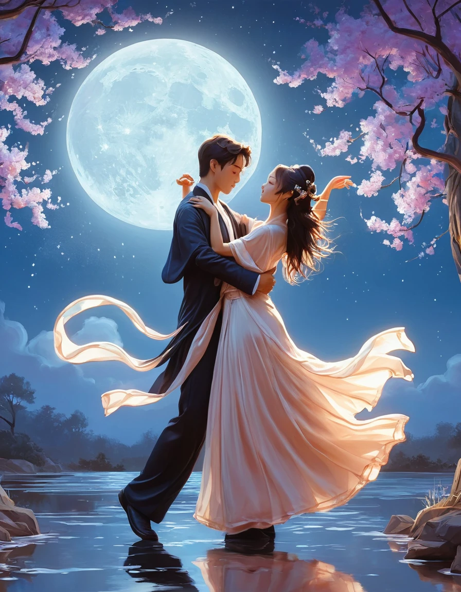 there is a painting of a Paartanz in the moonlight, Vektorgrafik von Li Song, Gewinner des Pixiv-Wettbewerbs, art nouveau, Eine wunderschöne Kunstwerk-Illustration, jen bartel, Rob Rey und Kentarõ Miura-Stil, Atemberaubender Kunststil, romantische Malerei, im Stil von Atey Ghailan, Paartanz, Kunstwerk im Stil von Sheng Lam, Schöne Illustration