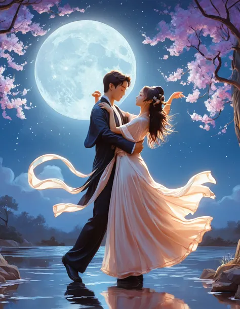 there is a painting of a couple dancing in the moonlight, vector art by Li Song, pixiv contest winner, art nouveau, a beautiful ...