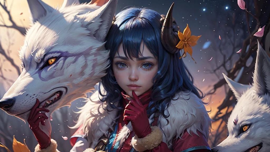 ((best quality)), ((masterpiece)), (detailed)) perfect face highest quality, shiny night sky, ink:1.3,masterpiece,1girl,solo, blue hair, horns,standing,cherry blossom, (wolf:1.2), falling petals, light smile, closed mouth, 2 white wolves are with her, she embraces one of them, she wears red gloves