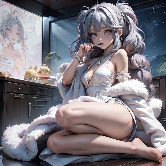 a close up of a anime cat girl streaming on the computers looking back eating a snack, anime moe artstyle, ahegao, long gray teal hair, curly hair, brown ayes, anime style 4 k, nightcore, official artwork, top rated on pixiv, anime wallaper, mikudayo, , pixiv, popular on pixiv, anime! 4 k, anime! 4k, high quality anime artstyle, white dress, white pajamas, pink bedroom, bed full of plushies, background, pink gaming chair, calm atmosphere（small young girl full body）、a baby face、Very cute、slim and beautiful、((small :1.2))、The eyes are well drawn、charming eyes、double tail、Wear jewelry and pearls around your neck，Transparent openwork、Deep V、crystal pearl、在Wear jewelry and pearls around your neck，white hair, Showing thighs, bare shoulders, showing clavicle, Yao Liu, barefoot，((whole body))、painful posture