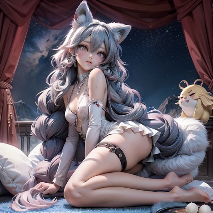 a close up of a anime cat girl streaming on the computers looking back eating a snack, anime moe artstyle, ahegao, long gray teal hair, curly hair, brown ayes, anime style 4 k, nightcore, official artwork, top rated on pixiv, anime wallaper, mikudayo, , pixiv, popular on pixiv, anime! 4 k, anime! 4k, high quality anime artstyle, white dress, white pajamas, pink bedroom, bed full of plushies, background, pink gaming chair, calm atmosphere（small young girl full body）、a baby face、Very cute、slim and beautiful、((small :1.2))、The eyes are well drawn、charming eyes、double tail、Wear jewelry and pearls around your neck，Transparent openwork、Deep V、crystal pearl、在Wear jewelry and pearls around your neck，white hair, Showing thighs, bare shoulders, showing clavicle, Yao Liu, barefoot，((whole body))、painful posture