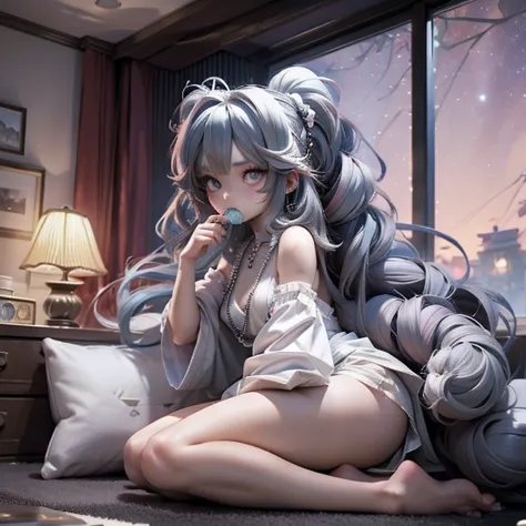 a close up of a anime cat girl streaming on the computers looking back eating a snack, anime moe artstyle, ahegao, long gray tea...