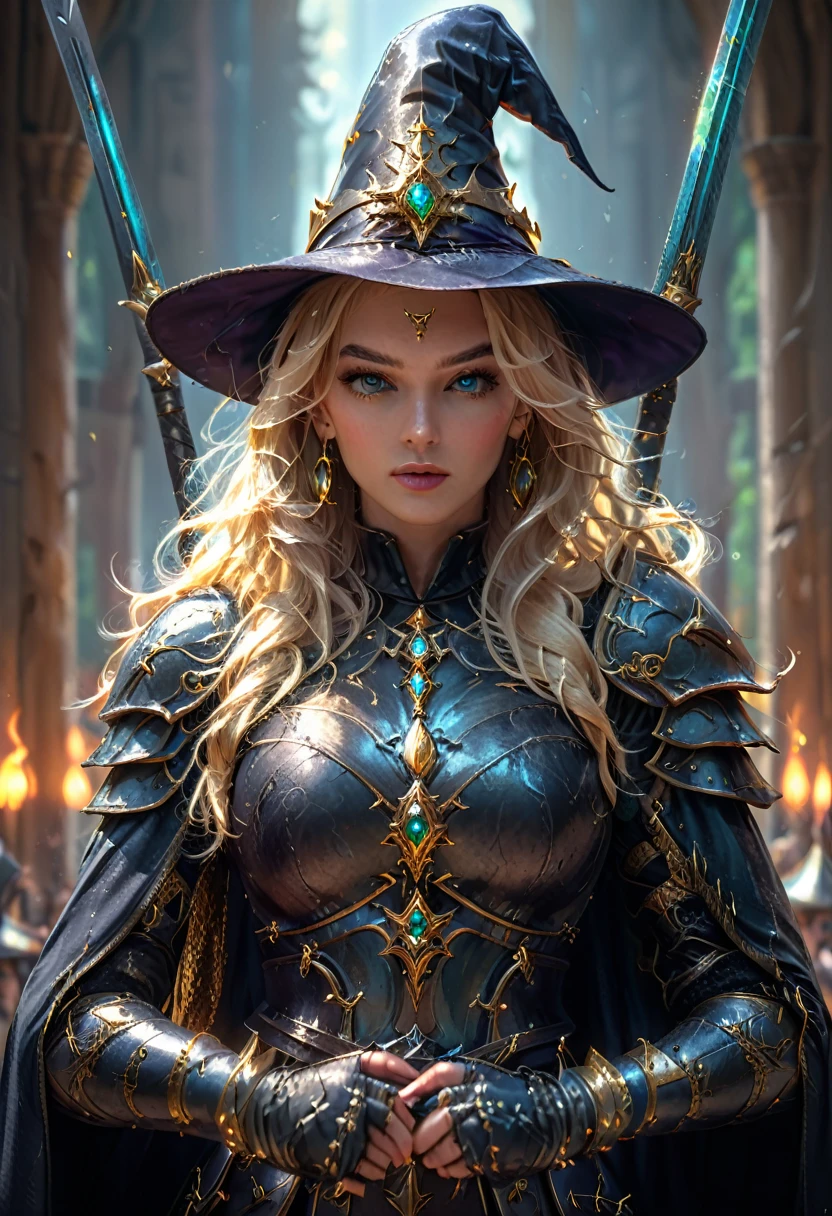 Beautiful Witch Blonde Girl and with two Golden Sharped Sword with a Beautiful Blonde Long Flowing Hair wearing a Witch Hat and wearing a Witch Chestplate Armor with Jewelry Earrings with Makeup with the Best Quality with High Details with Textured Skin as a Masterpiece in a High Resolution in 8K Quality, proud pose with two long golden sharped sword, fierce expression,