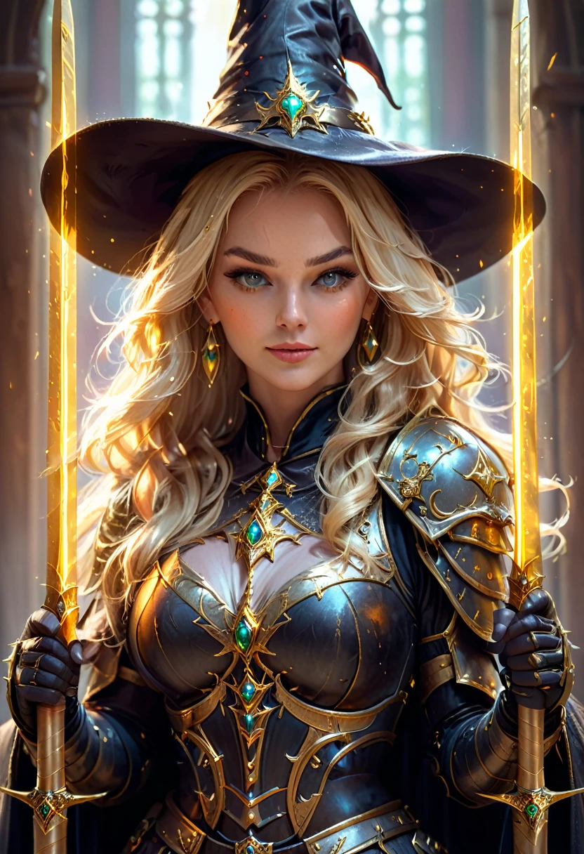 Beautiful Witch Blonde Girl and with two Golden Sharped Sword with a Beautiful Blonde Long Flowing Hair wearing a Witch Hat and wearing a Witch Chestplate Armor with Jewelry Earrings with Makeup with the Best Quality with High Details with Textured Skin as a Masterpiece in a High Resolution in 8K Quality, proud pose with two long golden sharped sword, fierce expression with light smile,