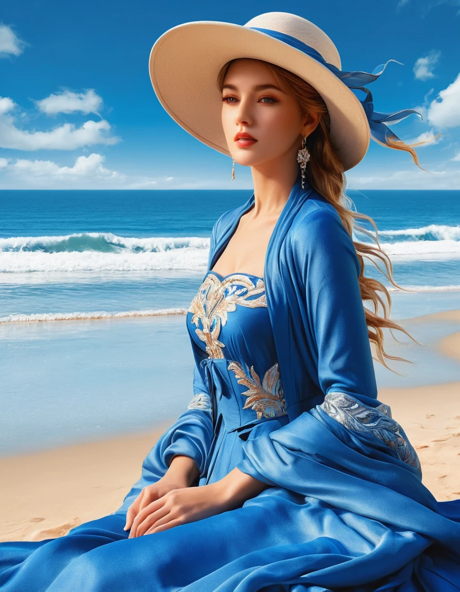 Mujer con vestido azul y sombrero en la playa, karol detrás uhd, hermoso arte digitalwork, pintura de hermosa, preciosa pintura digital, estilo de karol bak, hermosa pintura digital, hermoso arte digital, hermoso magnífico arte digital, arte de edouard bisson, hermosa ilustración digital, pintura digital elegante, hermosa pintura de personajes, Pintura de fantasía realista.