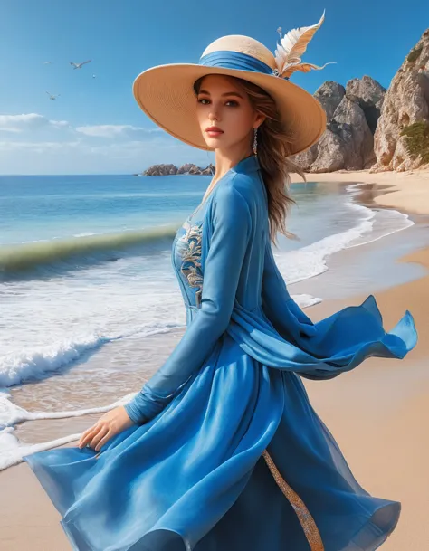 arafed woman in a blue dress and hat on the beach, a photorealistic painting by Alexander Kucharsky, Artstation, fantasy art, ka...