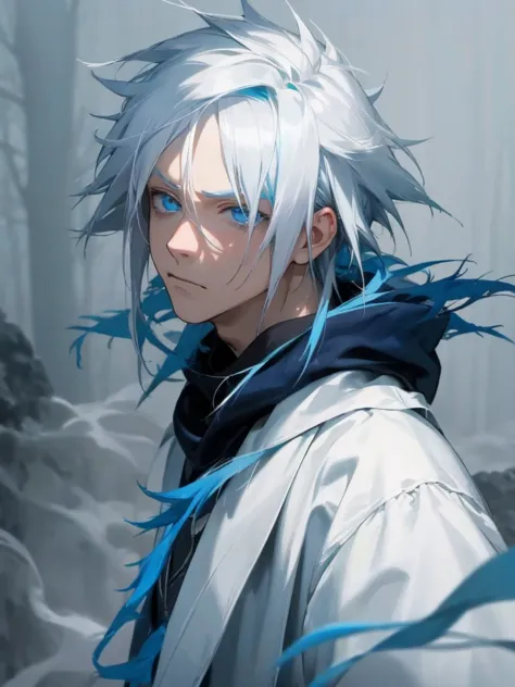 1male, white hair, blue dyed tips, light blue eyes, serious expression, white and blue yukata, foggy forest background