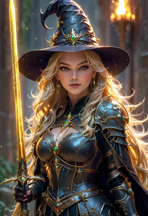 beautiful witch blonde girl and with two golden sharped sword with a beautiful blonde long flowing hair wearing a witch hat and ...