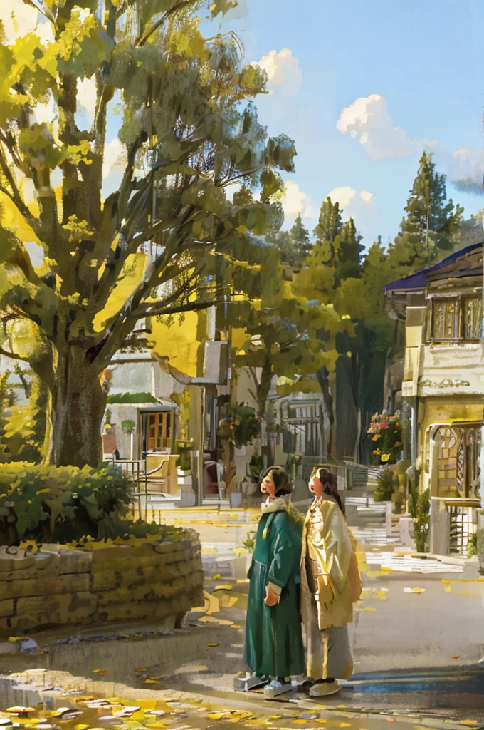 two different areas representing two homes On the left, a green and cozy forest with details such as tall trees and flowers. On the right, a forest with warmer and golden tones, perhaps with a touch of honey in the atmosphere.