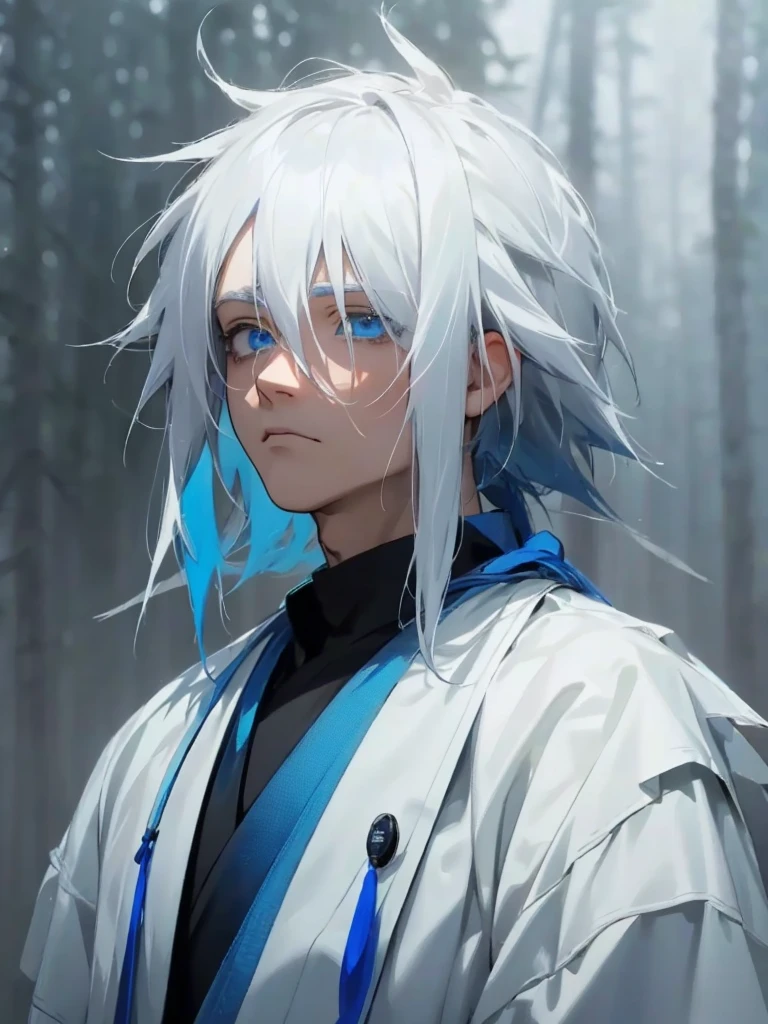 1male, white hair, blue dyed tips, light blue eyes, serious expression, white and blue yukata, foggy forest background