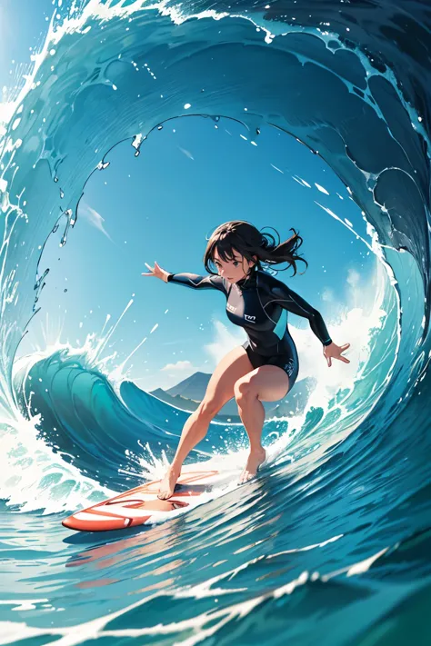 female surfer riding a wave in the ocean early in the morning、surfing、  big wave surfing、tube wave、surfingの写真、extreme sports pho...