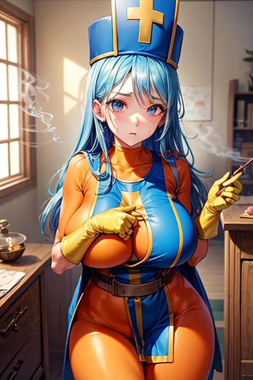 masterpiece, Highest quality,  Unreal Engine,  Super Resolution,  Very detailed, 

Beautiful woman, Dragon Quest Female Monk, long sky blue hair, Blue priest hat, (Orange bodysuit), Mitra, Tabard, Elbow-length gloves, Vivid expression, Healthy Body, Beautifully detailed sweat glands, Smooth skin texture, Carefully drawn, 

(humidity:1.5), (Lewd Scent:1.5), Beautiful Eyes, (Attractive face:1.2), (Beautiful Skin), Tight waist, (Big Breasts), Round Breasts, (Sticky with sweat), Irresistibly sexy pose, 

In the world of Dragon Quest, ((In a room filled with the smoke of aphrodisiac incense)), 