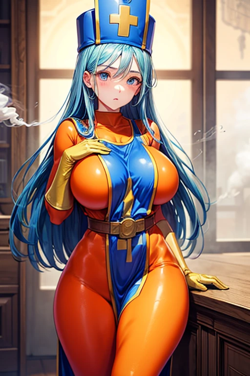 masterpiece, Highest quality,  Unreal Engine,  Super Resolution,  Very detailed, 

Beautiful woman, Dragon Quest Female Monk, long sky blue hair, Blue priest hat, (Orange bodysuit), Mitra, Tabard, Elbow-length gloves, Vivid expression, Healthy Body, Beautifully detailed sweat glands, Smooth skin texture, Carefully drawn, 

(humidity:1.5), (Lewd Scent:1.5), Beautiful Eyes, (Attractive face:1.2), (Beautiful Skin), Tight waist, (Big Breasts), Round Breasts, (Sticky with sweat), Irresistibly sexy pose, 

In the world of Dragon Quest, ((In a room filled with the smoke of aphrodisiac incense)), 