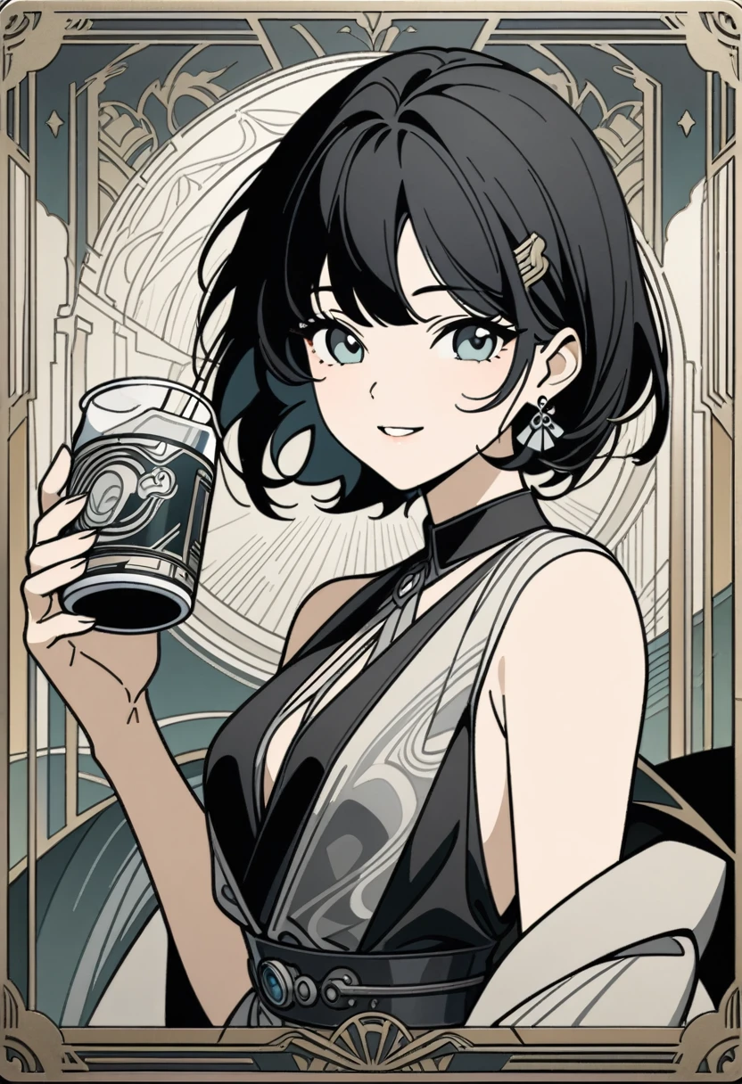 art deco, card, frames, vintage, art deco poster, high quality, female, rover, female rover from wuthering waves, wuthering waves, dress, formal, holding drink, beautiful face, cute face, black hair, smiling, upper body, masterpiece, detailed, line art, straight lines, clear art, great gatsby, flat art