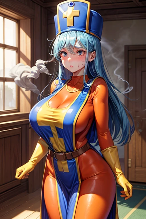 masterpiece, Highest quality,  Unreal Engine,  Super Resolution,  Very detailed, 

Beautiful woman, Dragon Quest Female Monk, long sky blue hair, Blue priest hat, (Orange bodysuit), Mitra, Tabard, Elbow-length gloves, Vivid expression, Healthy Body, Beautifully detailed sweat glands, Smooth skin texture, Carefully drawn, 

(humidity:1.5), (Lewd Scent:1.5), Beautiful Eyes, (Attractive face:1.2), (Beautiful Skin), Tight waist, (Big Breasts), Round Breasts, (Sticky with sweat), Irresistibly sexy pose, 

In the world of Dragon Quest, ((In a room filled with the smoke of aphrodisiac incense)), 