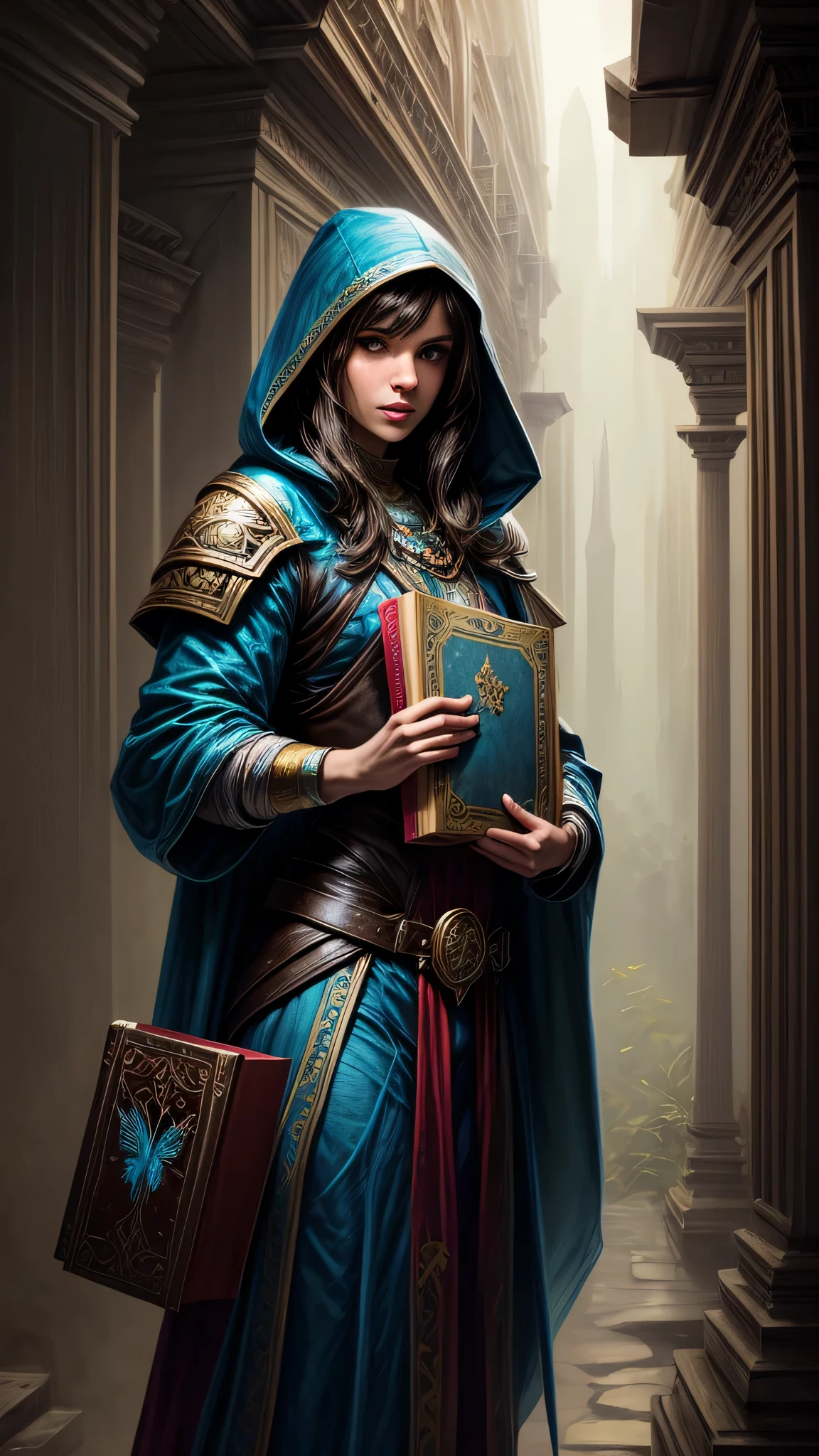 Quick Portrait Painting of a Fantasy Brunette Human Adventurer, with a blue hood, in a temple, d&charachter, holding a big magic book with butterfly on the cover of the book.