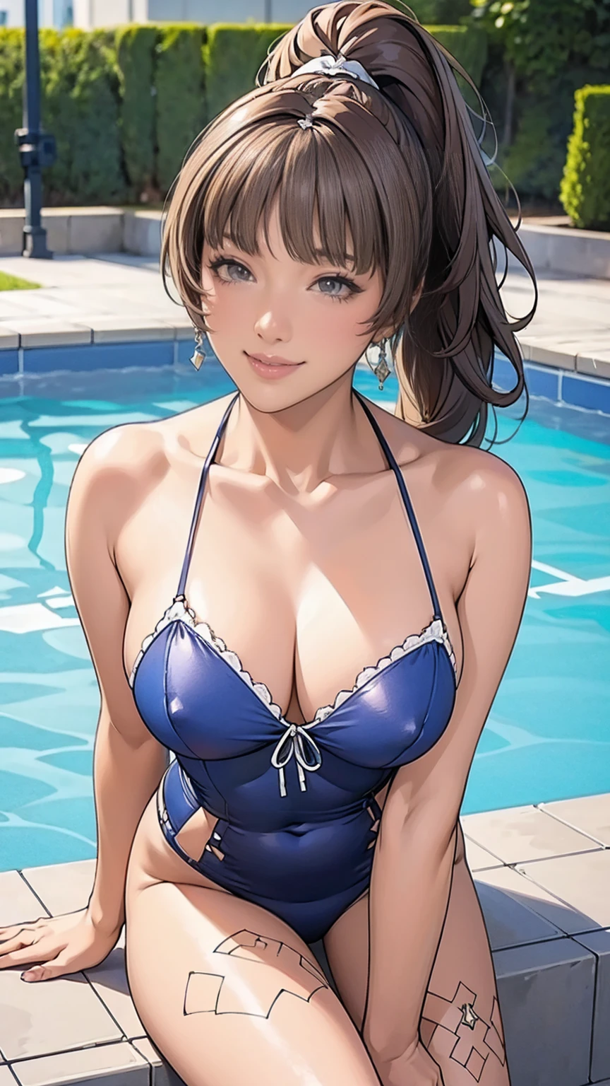 (highest quality, masterpiece:), ultra-high resolution, night, in the pool bar, Korean gravure model, 23 years old, tight, wearing a cow print swimsuit, high leg, gigantic breasts, puffy nipple:1.4, skinny, bangs, long hair, light brown hair, ponytail, tired hair, unkempt hair:1.2, gorgeous earrings, beauty, victory smile, mature woman, please face forward and look at the camera,