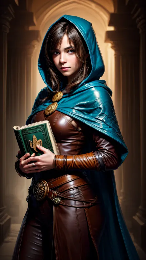 quick portrait painting of a fantasy brunette human adventurer, with a blue hood, in a temple, d&charachter, holding a large lea...